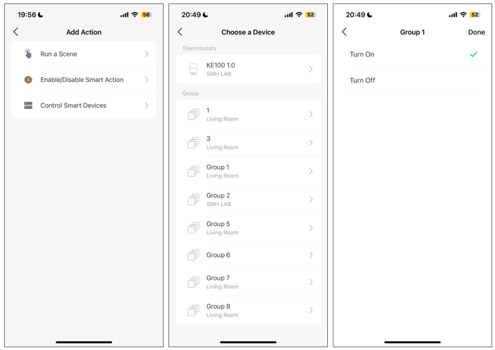 "Kasa app screenshots showing how to add a device group as an action in Smart Actions, including selecting a group and choosing an action."