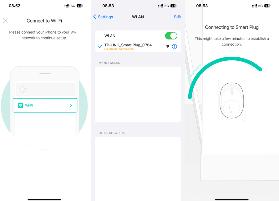 Two-panel screenshot showing the "Power Up Your Smart Plug" screen and the "Check your Wi-Fi light" screen indicating the light should blink orange and green after about 15 seconds.