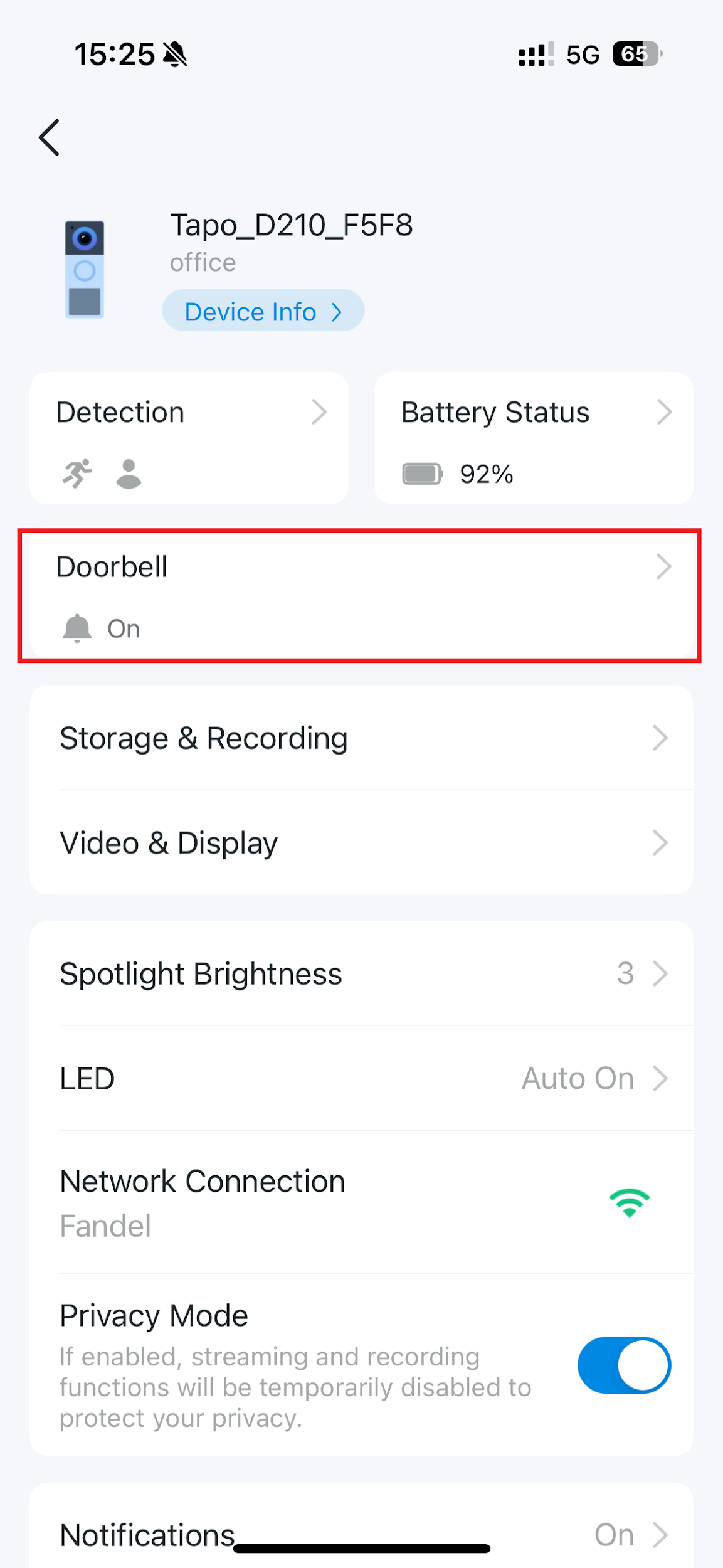 Select Doorbell in Doorbell Device Settings page.