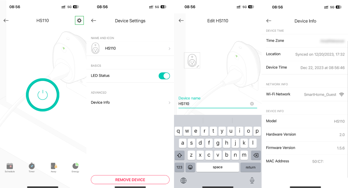 Screenshots showing the Edit HS110 screen with a device name field, and the Device Info screen with time zone, location, network, and firmware details.