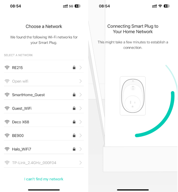 Two-panel screenshot showing the "Choose a Network" screen with a list of available Wi-Fi networks, and the "Connecting Smart Plug to Your Home Network" screen with a loading indicator.