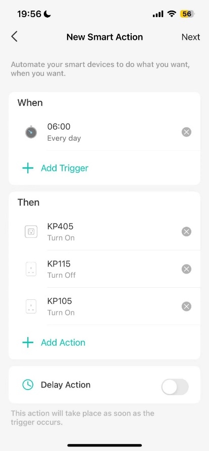 "Kasa app New Smart Action summary screen showing a completed automation with multiple devices assigned different on/off actions."